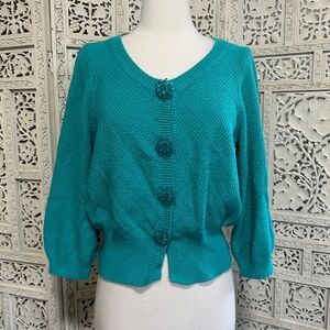 Vintage teal granny core cardigan with floral beaded snap buttons size M/L